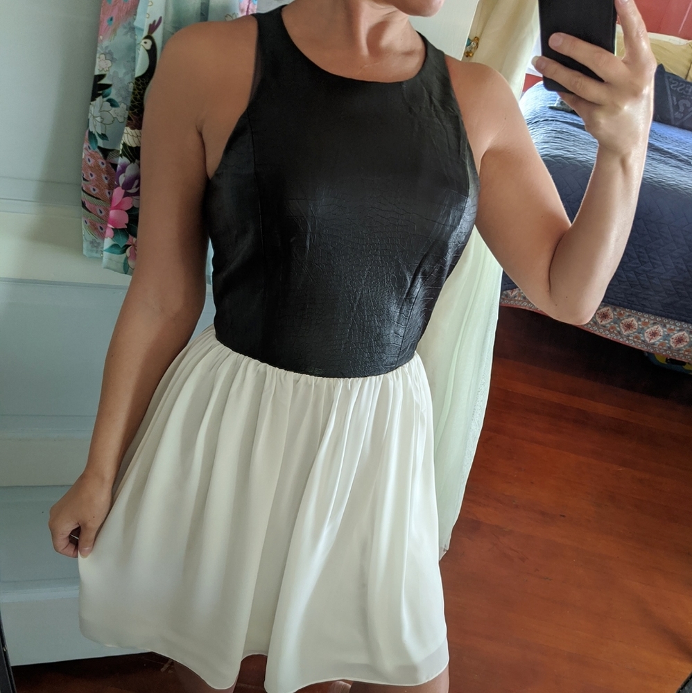 GUESS Leather & Chiffon Fit and Flare Dress